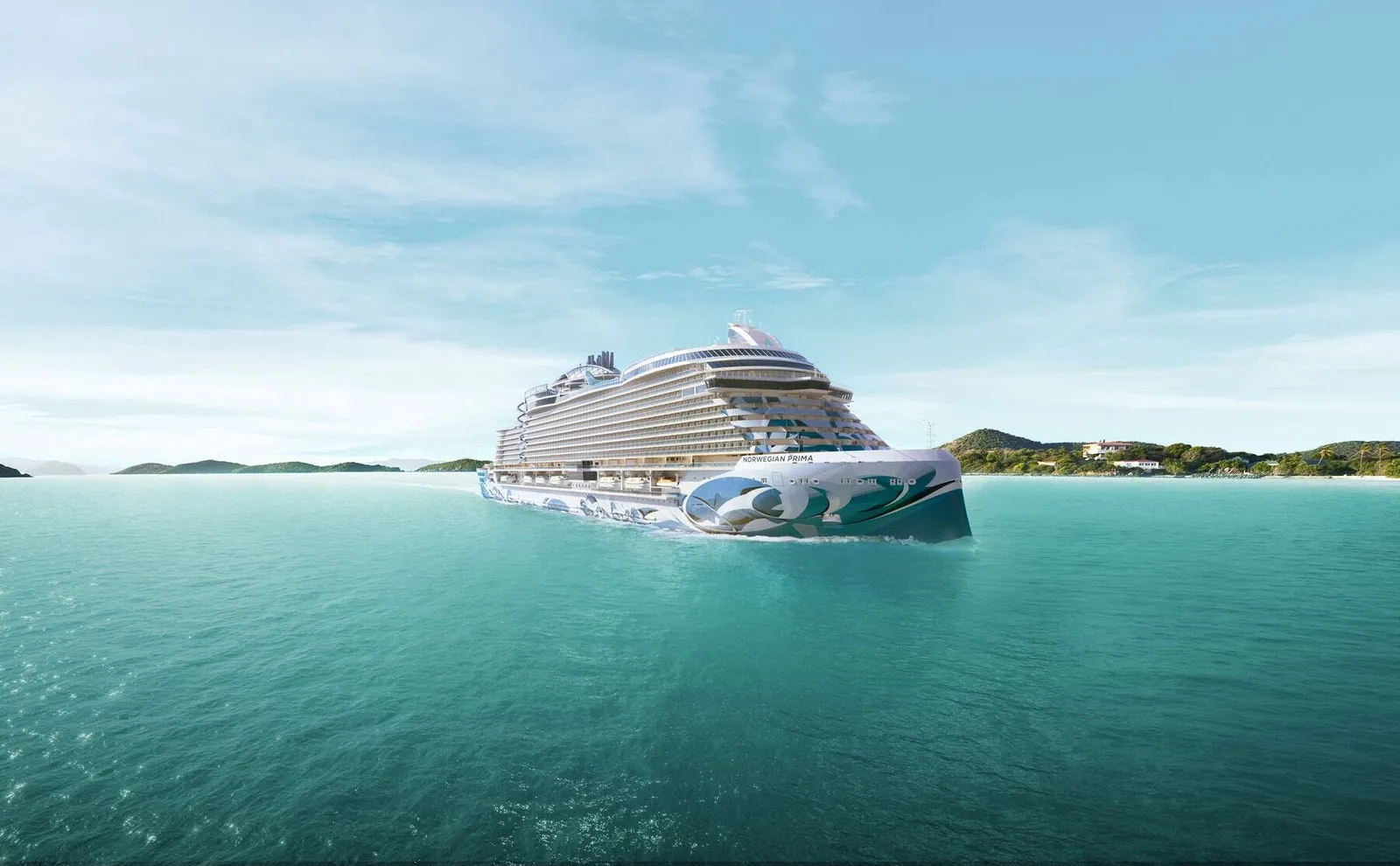 Navio da Norwegian Cruise Line em mar azul-turquesa